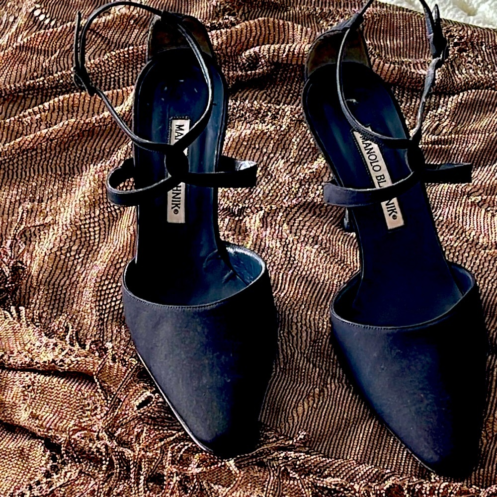 Manolo Blahnik black,strappy,stiletto heels. Size 38 1/2. Almond toe. EUC.